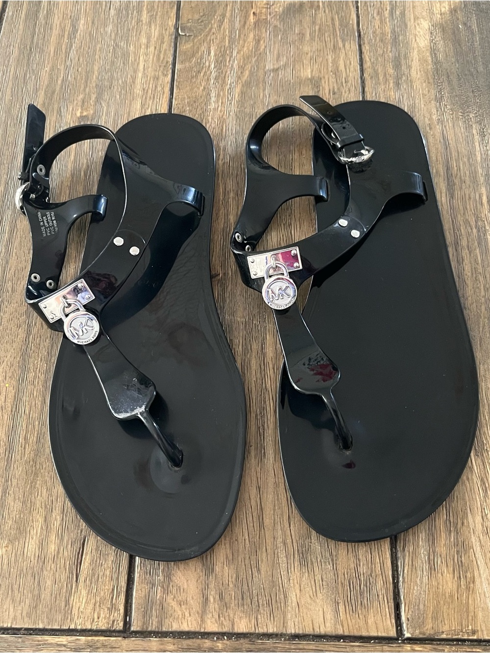 Michael Kors Black Jelly T-Strap Sandals with MK Charm size 9